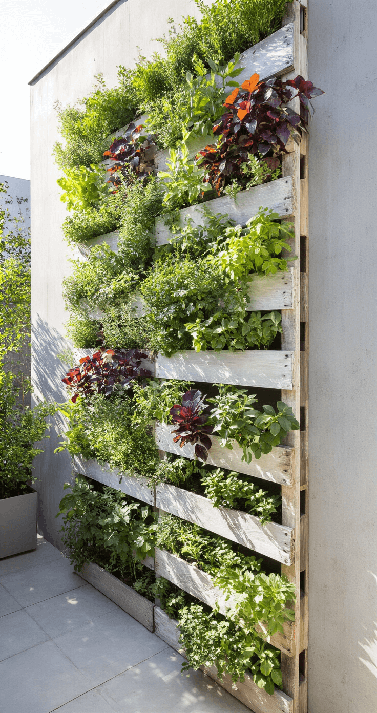 A sunlit urban patio with a vertical pallet garden wall showcasing herbs and succulents in sage and burgundy, featuring whitewashed wood, a modern concrete backdrop, and glistening dew drops on leaves, captured from a low angle.