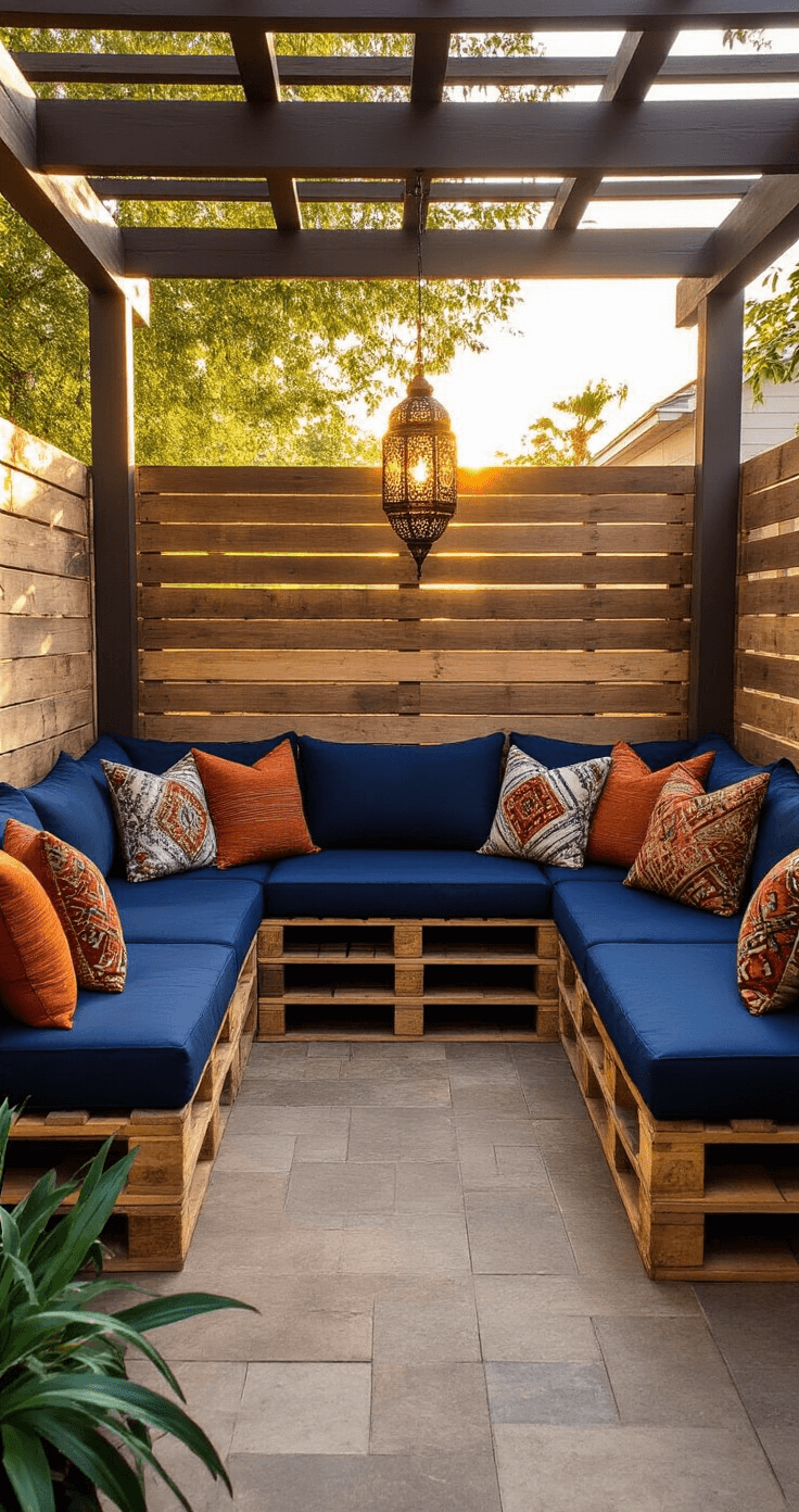 Cozy patio nook with L-shaped pallet benches, deep indigo cushions, ethnic print pillows, and a Moroccan lantern, illuminated by golden hour light filtering through pergola slats.
