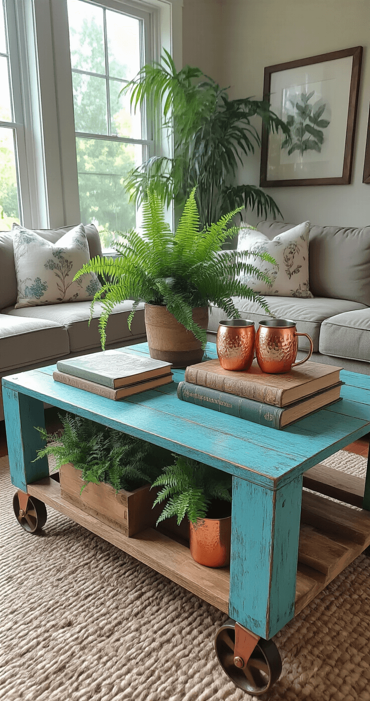 Multi-functional pallet coffee table in a 5x7ft space, featuring a distressed turquoise finish and copper wheels. The top displays vintage botanical books and copper mugs, while the lower shelf holds potted ferns, all illuminated by diffused midday light. Shot from a 45-degree elevated angle to highlight the organizational zones and natural wood grain texture.