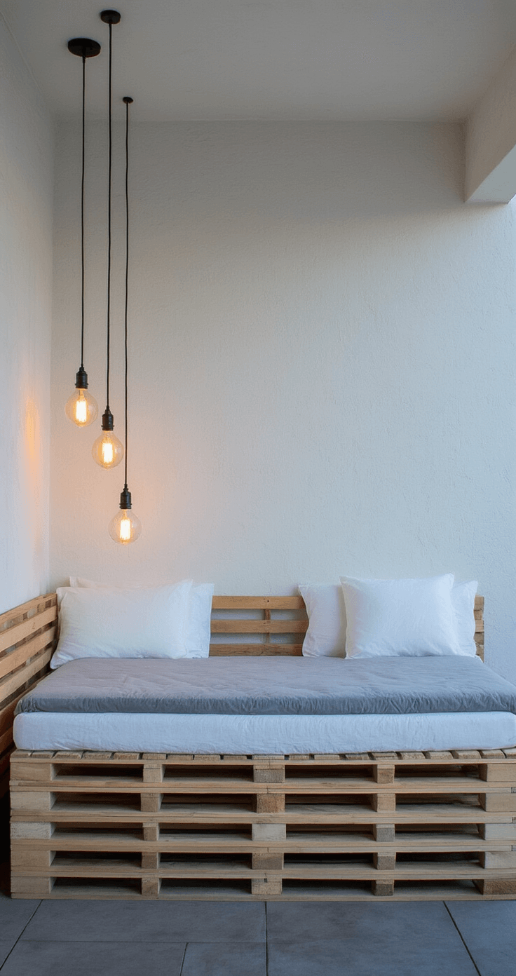 A minimalist daybed with blonde wood tones and crisp white linens is positioned against a tall white stucco wall, illuminated by warm pendant lights at blue hour.