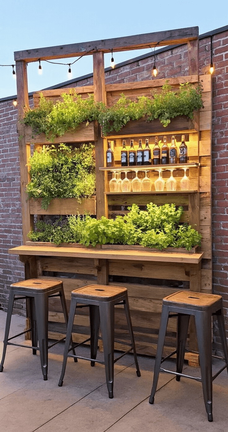 A cozy corner pallet bar featuring a built-in herb garden, illuminated by string lights at dusk, with rustic wood tones, warm LED uplighting, glass shelving for barware, industrial metal stools, and an exposed brick wall in the background.