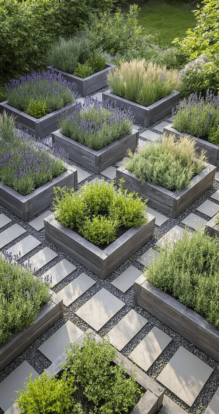 Elevated pallet planter boxes in a geometric pattern on a patio, featuring lavender, rosemary, and ornamental grasses, with weathered gray wood and stone paver pathways, captured in morning light.