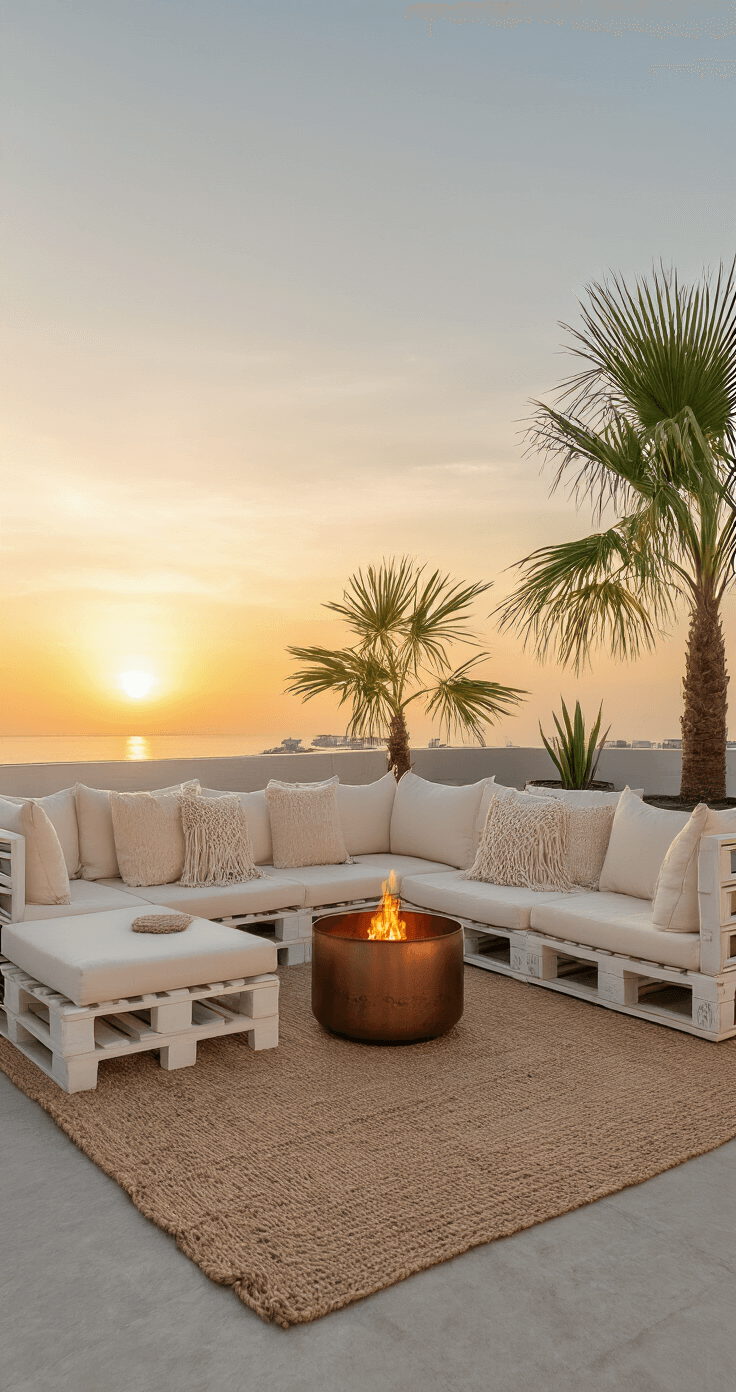 A cozy modular lounge setup in a 15x10ft space during sunset, featuring whitewashed wood frames and cream canvas cushions, accented with macramé throw pillows and jute rugs. A copper fire bowl anchors the arrangement, surrounded by potted palms. The scene is captured from a corner angle with a warm filter, creating a relaxing evening ambiance.