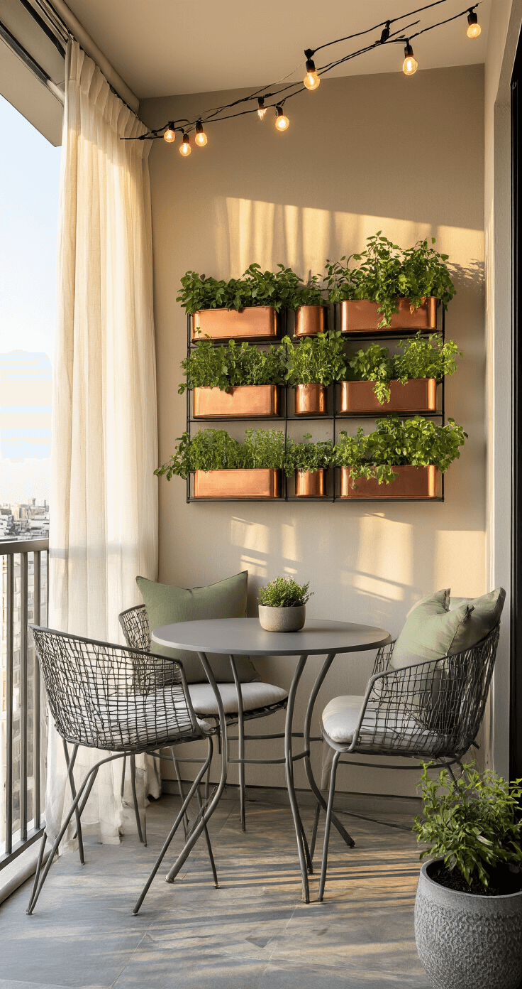 A contemporary urban balcony during golden hour, showcasing a gray metal bistro set, a wall-mounted herb garden with copper planters, and geometric concrete tiles. The scene is enhanced by string lights overhead, layered textures of woven pillows in sage and cream, a weathered teak accent table, and modern ceramic planters, all captured with warm sunlight filtering through sheer curtains.