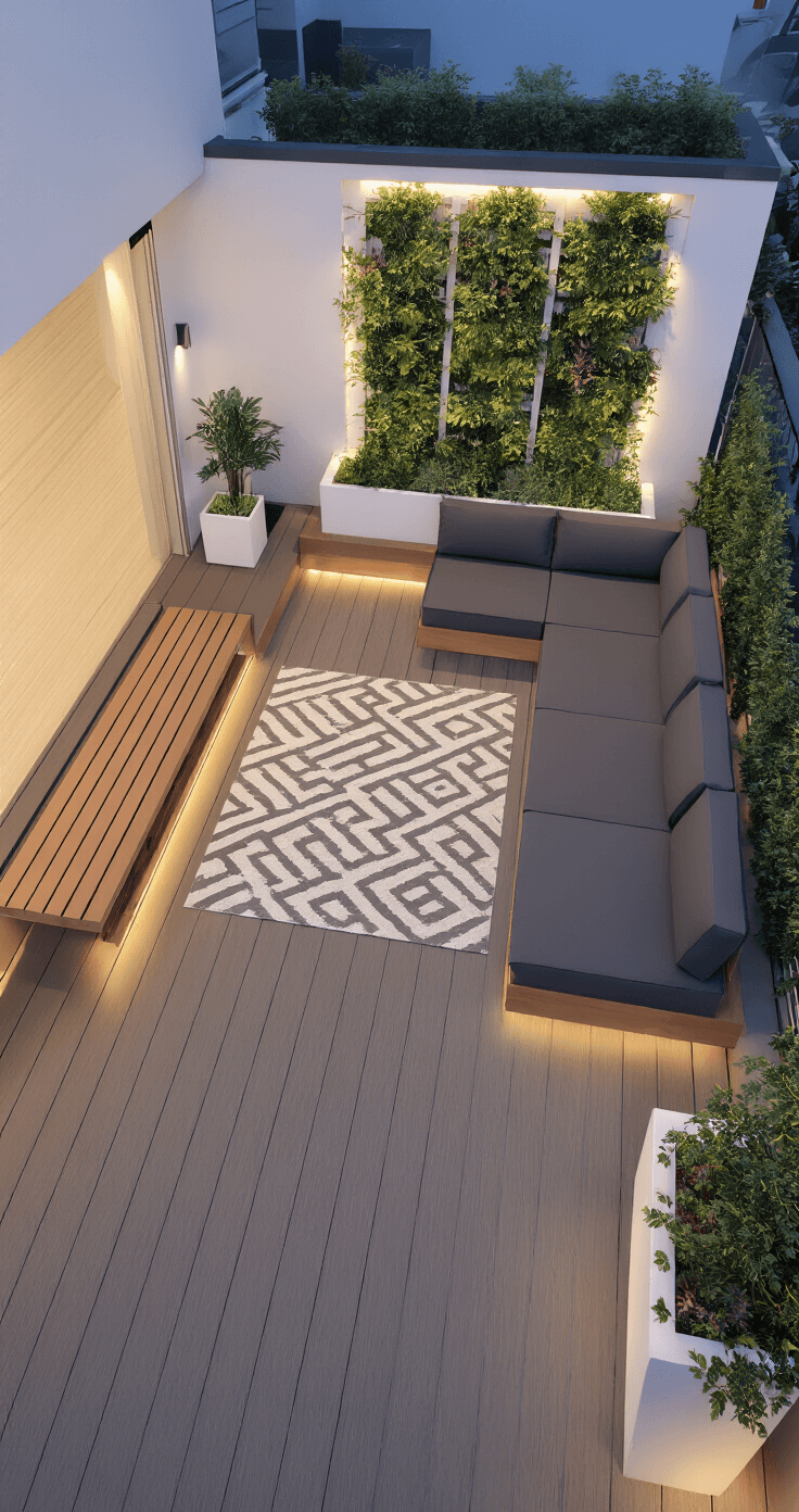Aerial view of a modern minimalist deck sanctuary featuring a charcoal sectional, floating wooden bench, and geometric outdoor rug, with integrated LED lighting and uplighting on a vertical garden wall at twilight.
