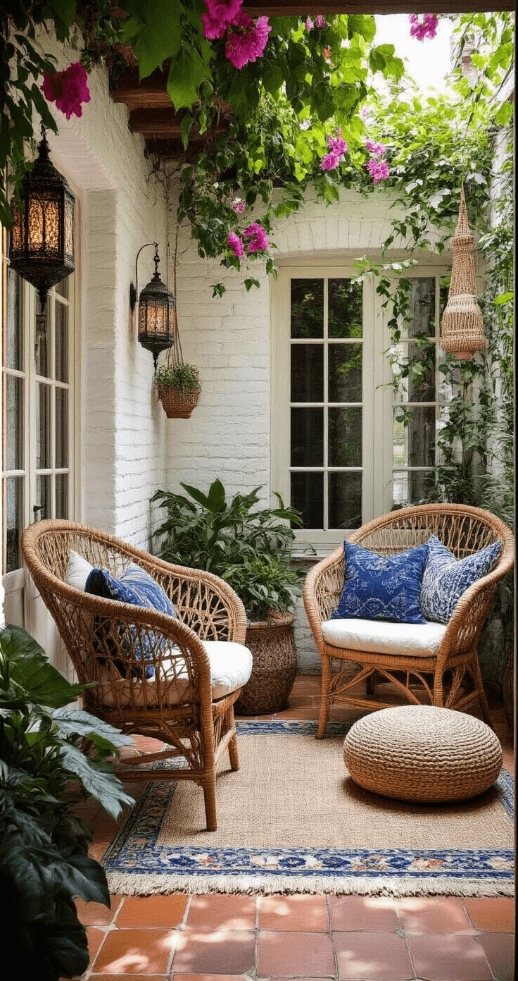 A cozy bohemian courtyard patio featuring whitewashed brick walls adorned with flowering vines, a vintage rattan peacock chair, and a handwoven jute pouf, all surrounded by rich jewel tones and layered textiles, including indigo mudcloth pillows and an aged kilim rug, with Moroccan lanterns casting intricate shadows on terracotta tiles.