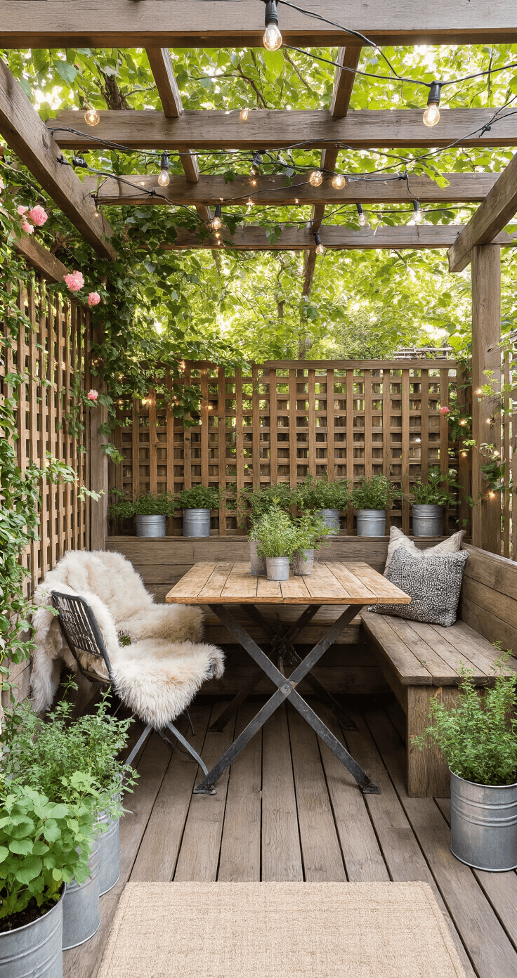 Low-angle morning view of a rustic micro-deck dining nook featuring a reclaimed wood folding table, industrial metal chairs with sheepskin throws, and a pergola adorned with twinkle lights and climbing roses, complemented by vintage zinc planters filled with herbs.