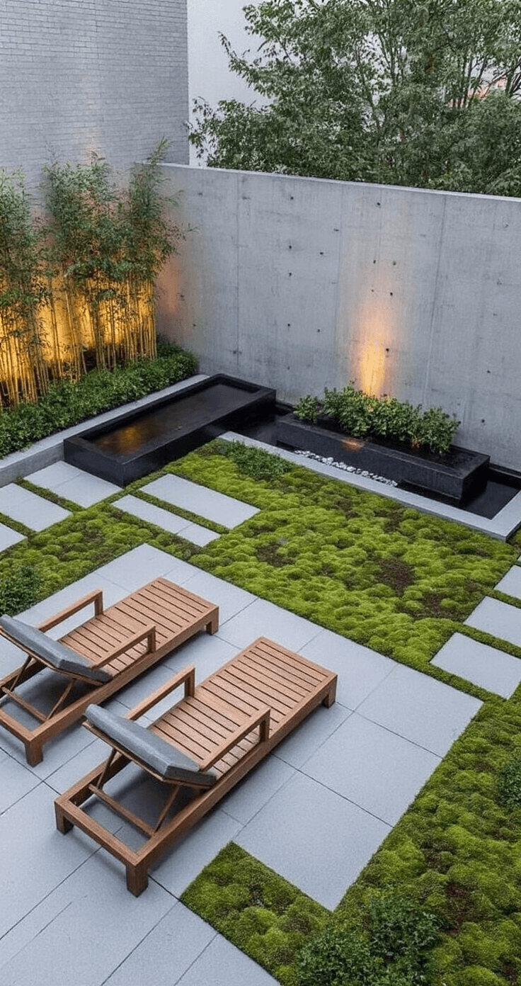 Wide-angle evening view of a minimalist urban terrace featuring concrete pavers and preserved moss, with teak lounge chairs, a black stone water feature, and bamboo planters, all softly illuminated against a textured concrete wall in a serene monochromatic palette.
