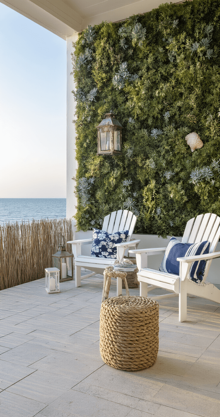 A cozy 8x8ft beachside micro-patio during golden hour, featuring weathered white Adirondack chairs, a rope-wrapped side table, and a vertical garden wall with silver-blue succulents and trailing vines, adorned with vintage lanterns and navy striped outdoor pillows, surrounded by a sea grass privacy screen and an ocean view in the background.