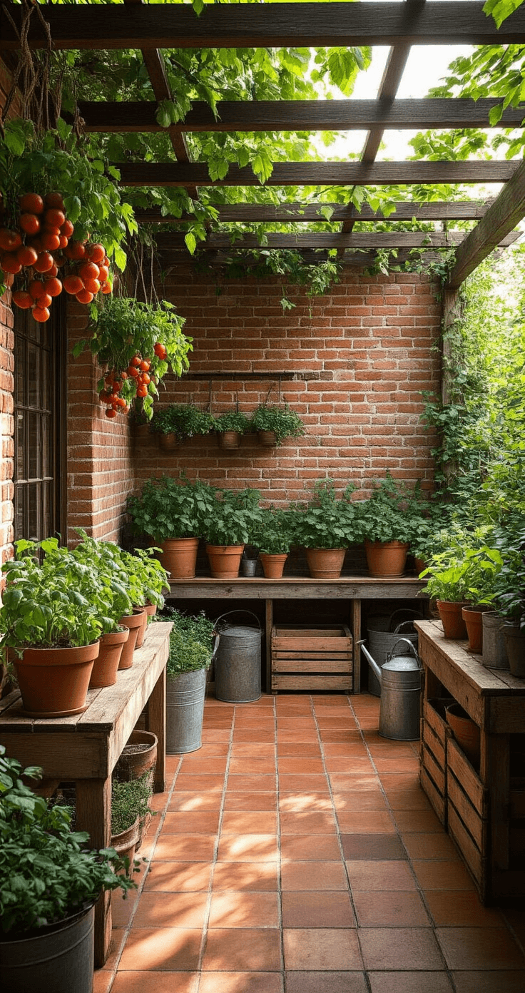 An urban farmhouse patio garden enclosed by weathered brick walls, featuring terracotta tiles and thriving plants in rustic crates and pots. Golden light filters through pergola slats, illuminating a corner arrangement of tomato plants and cascading herbs, with vintage watering cans and tools on a potting bench.
