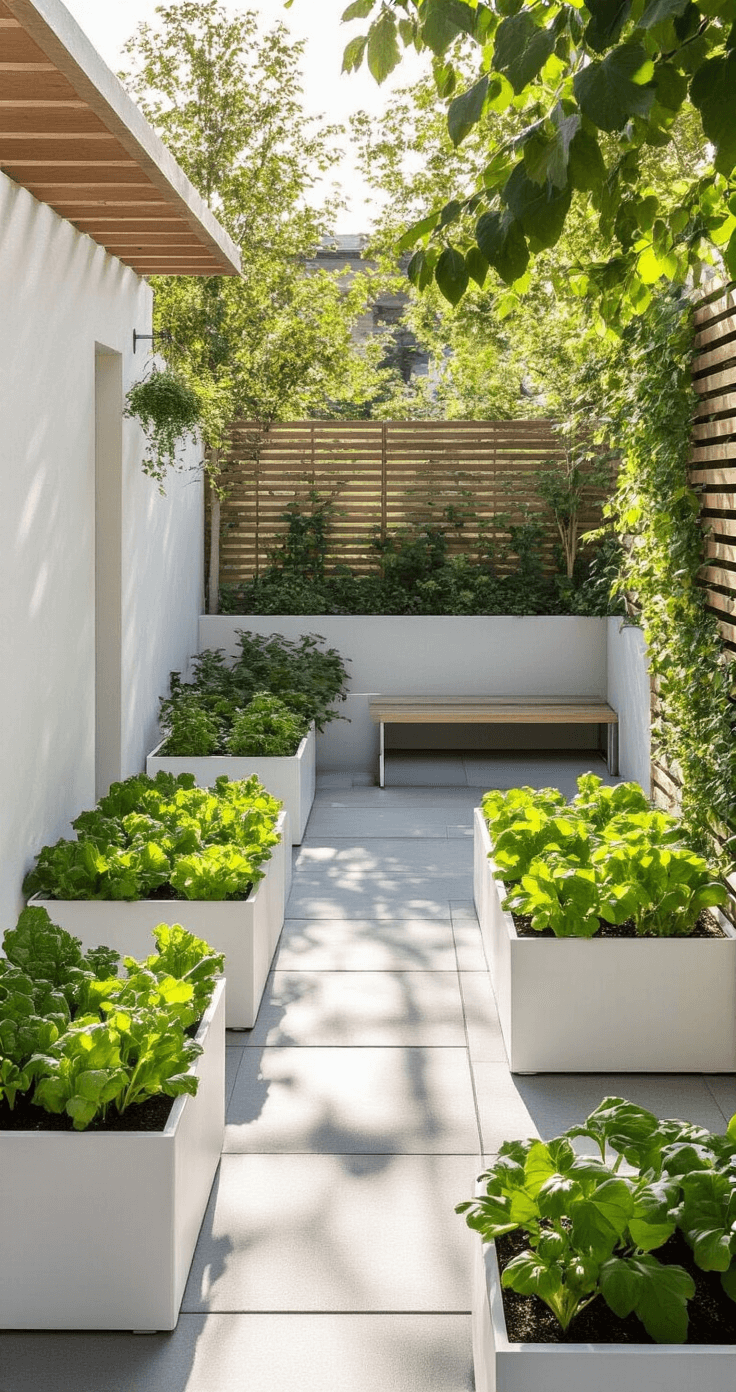 A contemporary 10x10ft patio garden at sunrise featuring sleek white concrete walls, light gray stone pavers, minimalist white geometric planters with lettuce and pepper plants, chrome plant stands, and clean-lined wooden trellises, viewed from an elevated angle to showcase geometric patterns and organization in natural diffused light.