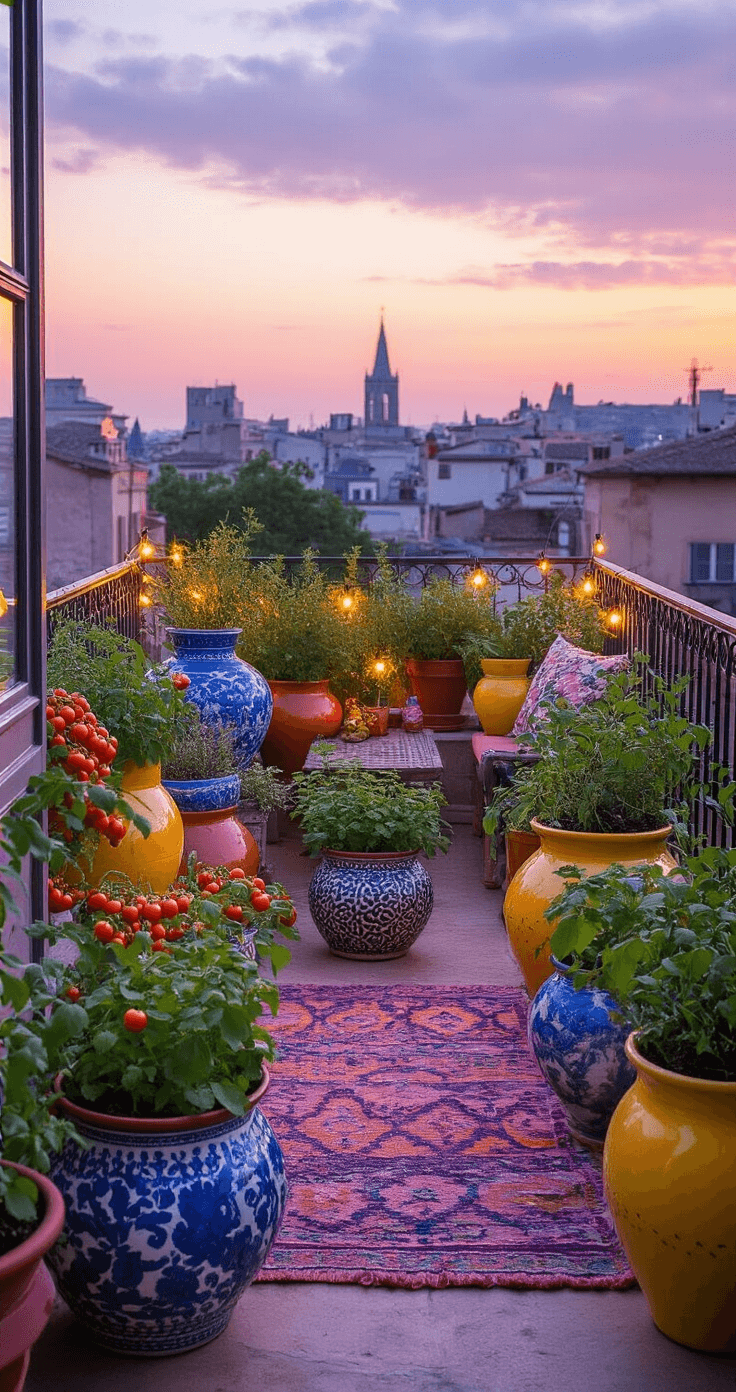 A vibrant rooftop patio at magic hour, bordered by wrought iron railings, features colorful Moroccan-inspired ceramic pots with herbs and cherry tomatoes, mismatched vintage containers, and bohemian textiles. The scene is bathed in a soft purple-orange glow with copper plant markers and string lights adding depth. Shot from a corner with a wide angle lens.