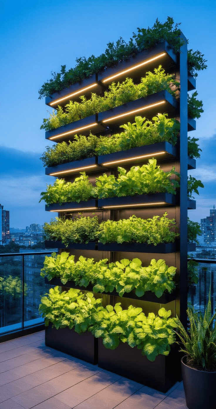 A vertical garden on an urban balcony at twilight, featuring a floor-to-ceiling living wall system illuminated by warm LED grow lights, showcasing a six-tiered hydroponic setup with leafy greens in modern black containers, all captured with a telephoto lens to emphasize the dramatic layers and industrial elements.