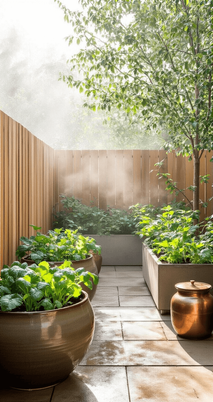 A serene courtyard patio surrounded by cedar fencing, shrouded in early morning fog, features large earth-toned ceramic containers with mature vegetable plants. Dew drops glisten on the leaves, and copper garden accessories enhance the warm atmosphere, all captured at plant level with soft natural light.