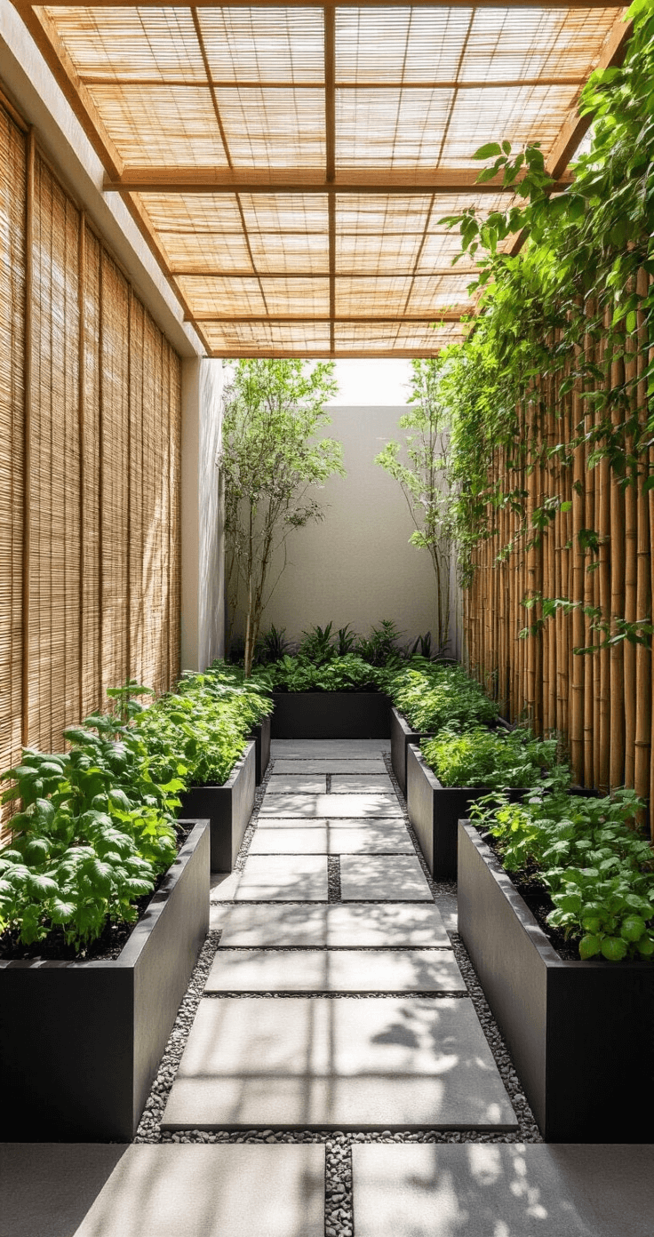 Aerial view of a minimalist zen-inspired patio with bamboo screening, featuring a grid of black rectangular planters filled with herbs, a stone pathway, and intricate shadow patterns from overhead shade cloth.