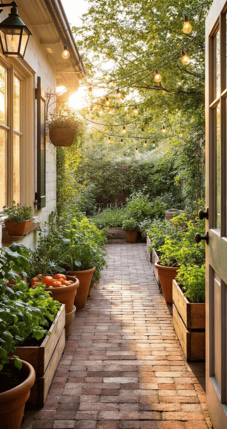 A cozy cottage kitchen garden at sunset, viewed from the kitchen doorway, featuring a small patio with brick pavers, terracotta pots, and wooden boxes filled with herbs and vegetables, adorned with vintage kitchen implements and twinkling string lights.