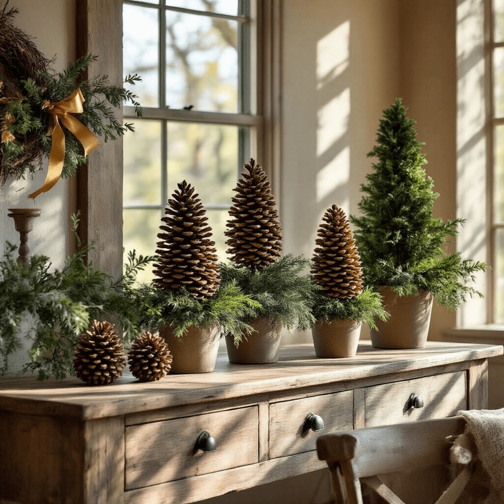 An intimate midday dining room scene featuring a rustic wooden console table adorned with three pinecone topiaries of varying heights (12', 18', 24'). Natural light filters through a nearby window, casting dramatic shadows on the weathered wood. The composition highlights organic textures in a color palette of forest greens, warm browns, and touches of gold ribbon.