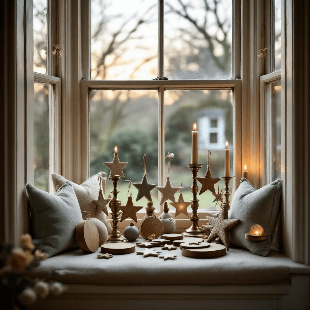 A Victorian bay window nook at twilight, showcasing a collection of handmade ornaments on vintage brass stands, including wooden rounds, felt creations, and twig stars, illuminated by soft window light with a shallow depth of field.