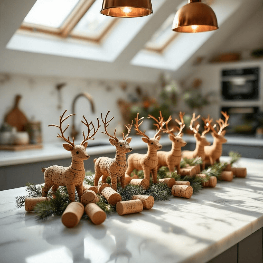 A modern kitchen island styled with whimsical wine cork reindeer in a morning light setting, featuring a white marble surface that reflects soft illumination. Macro shot highlighting cork textures and delicate pipe cleaner antlers, with warm cork tones, bright copper accents, and crisp white marble.
