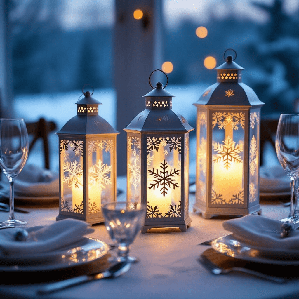 A formal dining table centerpiece at dusk featuring three illuminated DIY lanterns in varying heights, glowing through frosted glass panels with snowflake patterns, surrounded by an elegant winter scene in ice blue, silver, and warm white accents.