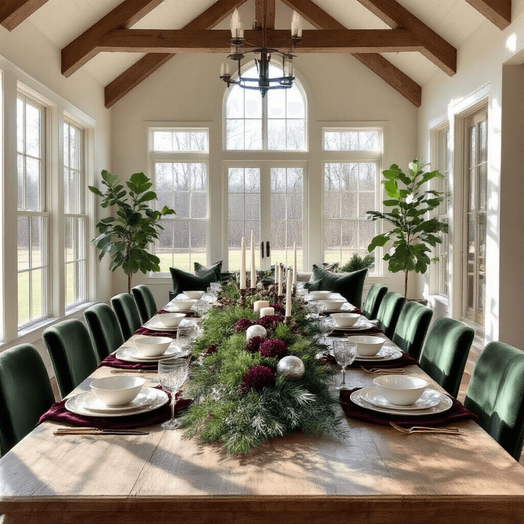 Magical Christmas Table Decor: Transform Your Holiday Dining Space A spacious dining room with a 14-foot farmhouse table adorned with a cascading centerpiece of fresh greenery and mercury glass candles, illuminated by late afternoon light streaming through large windows.
