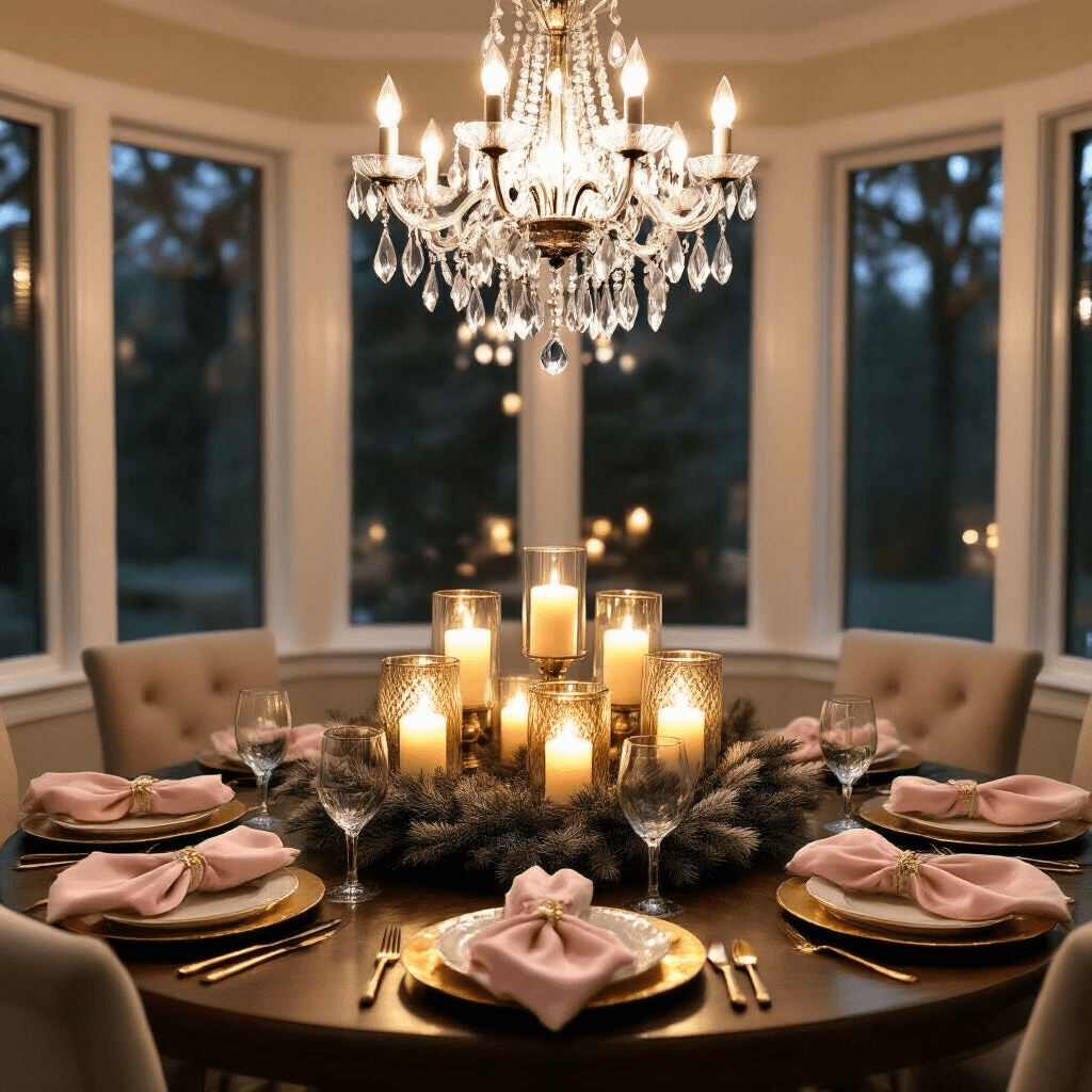 Magical Christmas Table Decor: Transform Your Holiday Dining Space An intimate round dining table set for eight in a cozy breakfast nook, featuring a dramatic chandelier and warm candlelight reflections. The table is adorned with gold chargers, cream pottery plates, blush pink velvet napkins, and a centerpiece of metallic glass hurricanes surrounded by a wreath of artificial pine and magnolia leaves. The low camera angle captures the soft glow and inviting ambiance of the evening setting.