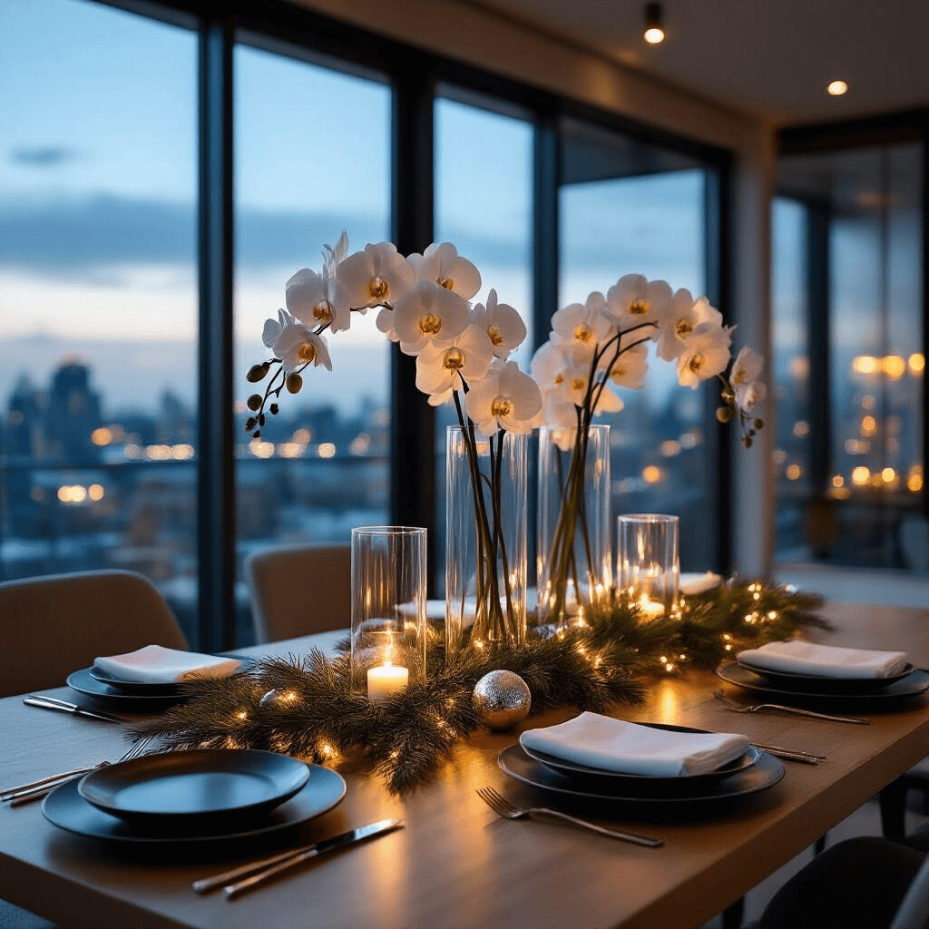 Magical Christmas Table Decor: Transform Your Holiday Dining Space Modern dining table set in an open-concept space, featuring an elegant minimalist centerpiece of glass cylinders with orchids, surrounded by soft illumination from city lights, captured in a moody blue hour setting.