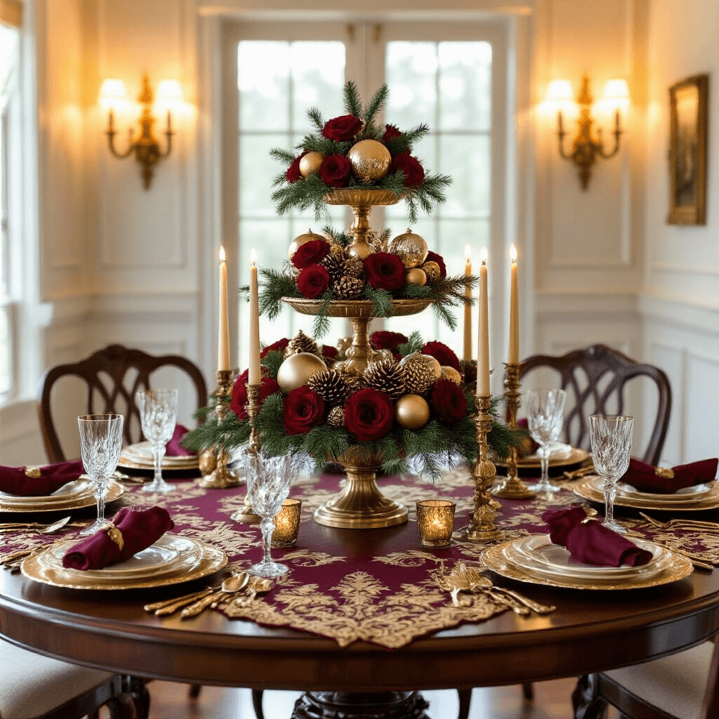 Magical Christmas Table Decor: Transform Your Holiday Dining Space Aerial view of an elegant 6-foot round pedestal dining table set in a formal dining room featuring wainscoting and crystal sconces, adorned with a tiered centerpiece of vintage mercury glass ornaments, fresh red roses, and gold-dusted pine cones, with a burgundy and gold brocade table runner and antique gold-rimmed china place settings, all illuminated by warm golden hour light and taper candles.