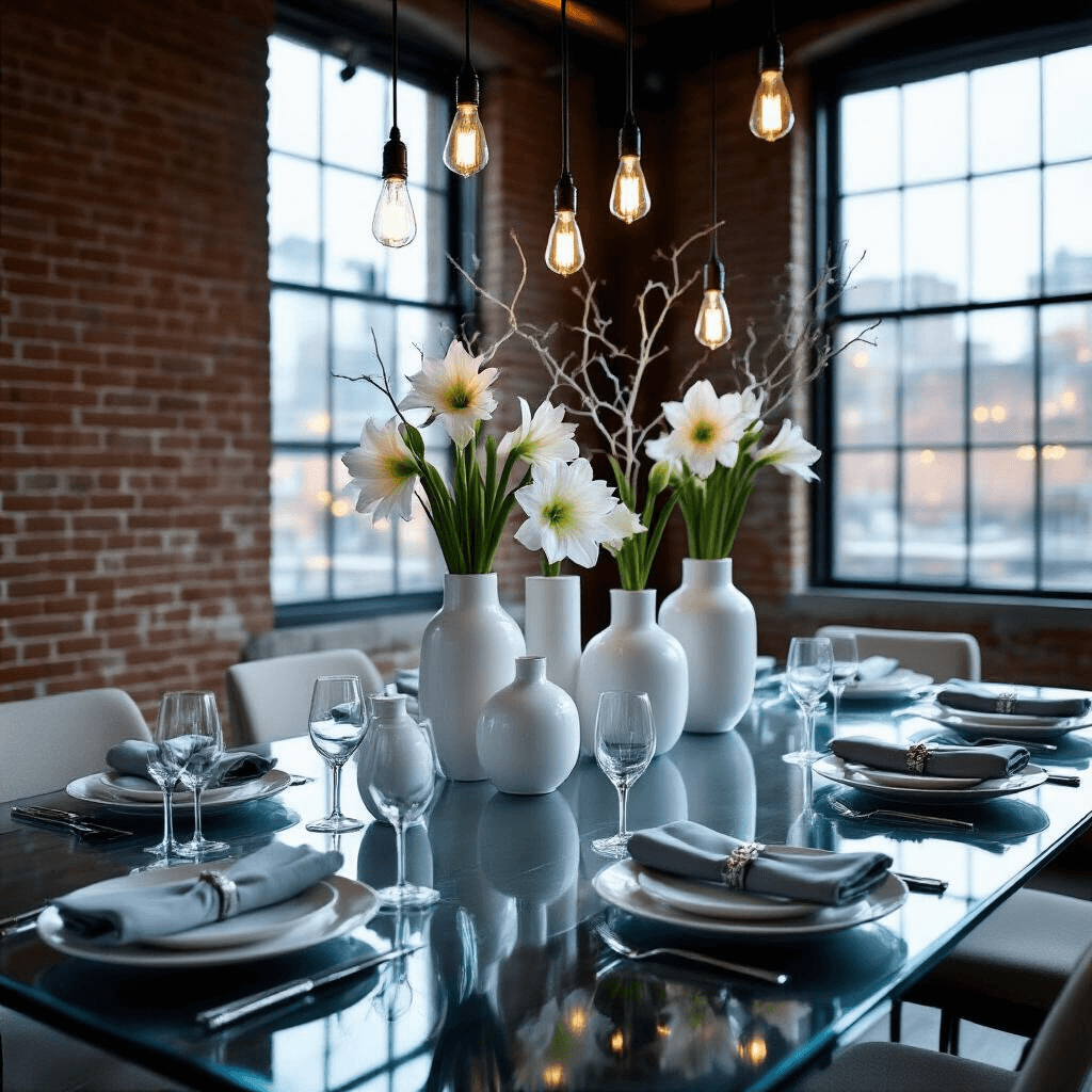 Magical Christmas Table Decor: Transform Your Holiday Dining Space A contemporary 12-foot glass dining table in a minimalist loft with exposed brick walls, illuminated by twilight blue light and Edison bulbs, featuring white amaryllis and silver branches as a centerpiece, frosted glass chargers with matte white plates, and gray linen napkins, captured at a low angle with reflections and bokeh.