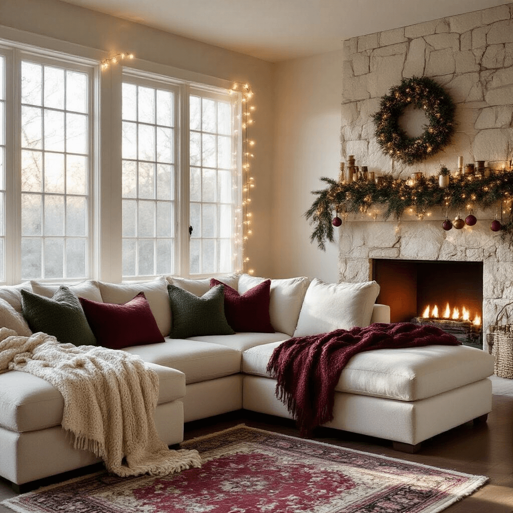 A cozy 20x15ft living room at golden hour, featuring sunlight filtering through frosted windows, a plush cream L-shaped sectional with deep green and burgundy throws, a limestone fireplace adorned with a pine garland and brass ornaments, layered Persian rugs on dark hardwood floors, captured from a low corner angle at f/2.8.