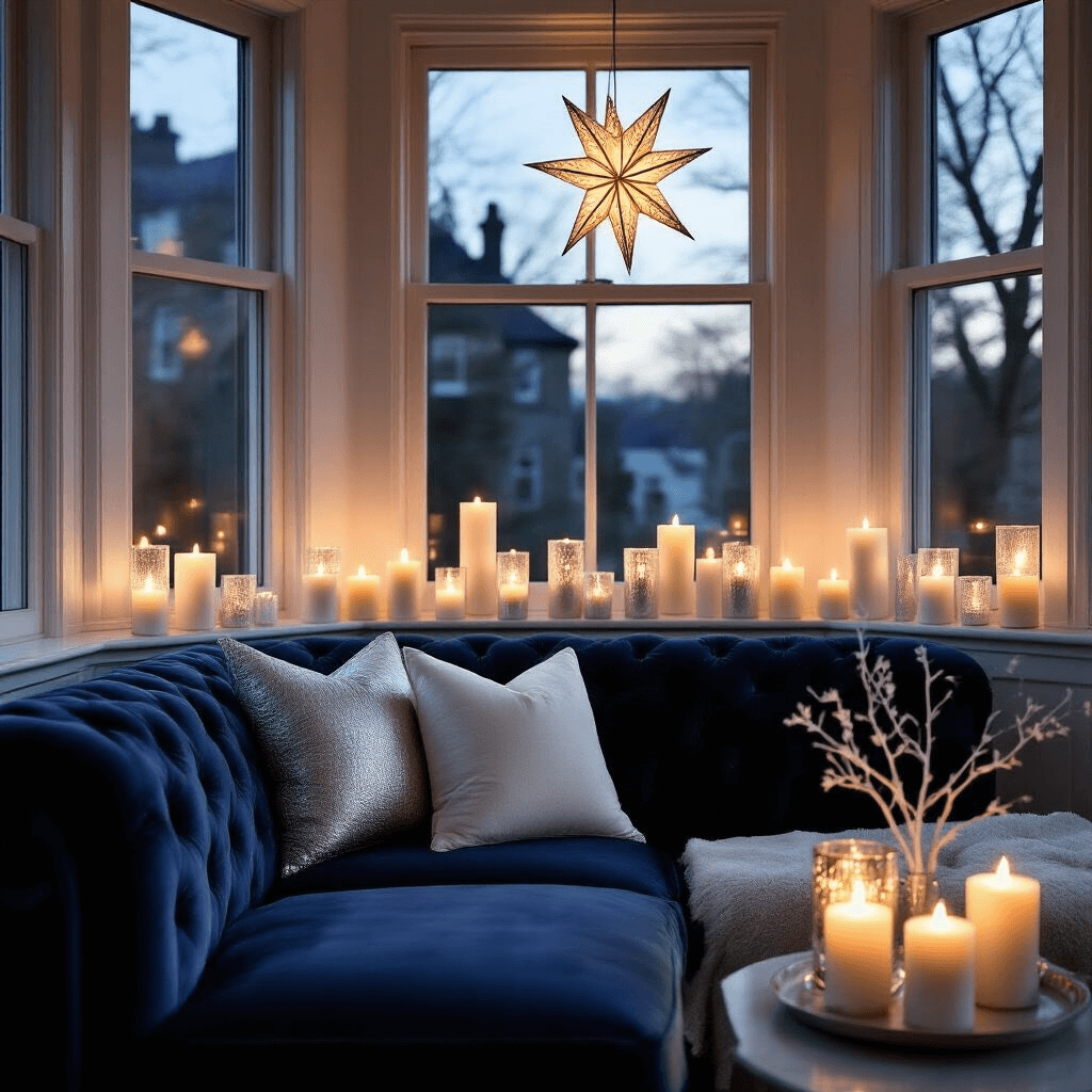 Intimate living space at dusk featuring a navy velvet sofa adorned with cream and silver pillows, illuminated by pillar candles in mercury glass holders, with a bay window showcasing a paper star lantern casting shadows, styled with Scandinavian minimalism.