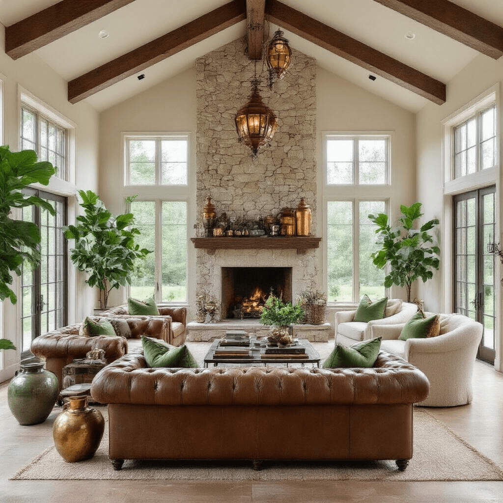 A spacious open-concept living room with cathedral ceilings and exposed wooden beams, featuring a stone fireplace, vintage copper lanterns, a camel leather Chesterfield sofa, cream bouclé armchairs, and abundant natural greenery in ceramic vessels, illuminated by natural light through large windows.