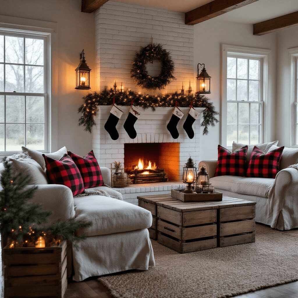 Cozy farmhouse-style living room at twilight with a whitewashed brick fireplace, handmade stockings, buffalo check pillows on a linen sofa, vintage wooden crates as side tables, and warm lighting from antique brass lanterns and Edison bulb string lights.
