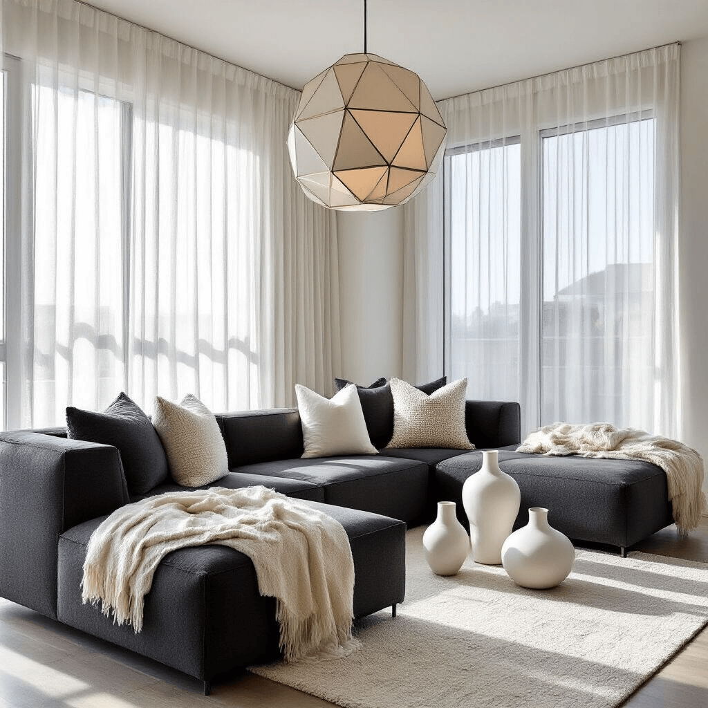 A modern minimalist living space with floor-to-ceiling windows, a charcoal sectional sofa with cream pillows and a cashmere throw, geometric sculptures, and white ceramic vessels, highlighted by a striking pendant light, captured in high contrast to emphasize clean lines and textures.