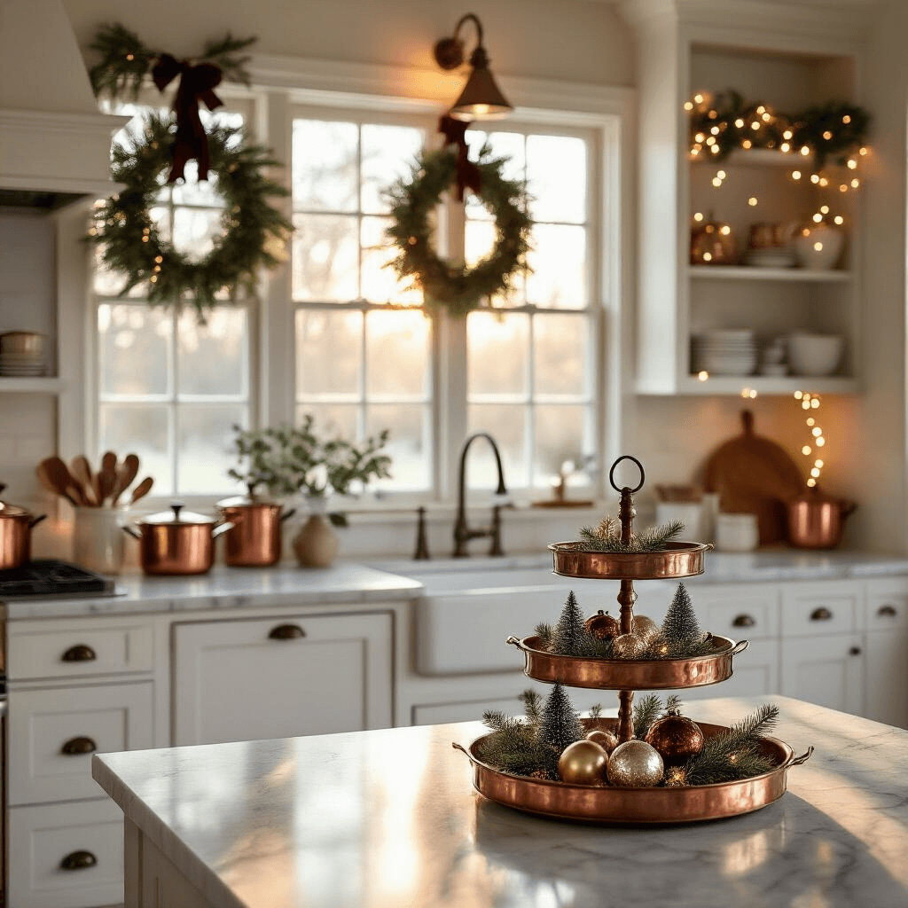 A cozy farmhouse kitchen bathed in golden hour light, showcasing white shaker cabinets with pine wreaths and burgundy ribbons, copper pots on open shelves with fairy lights, and marble countertops styled with a vintage copper tray adorned with bottle brush trees and mercury glass ornaments.