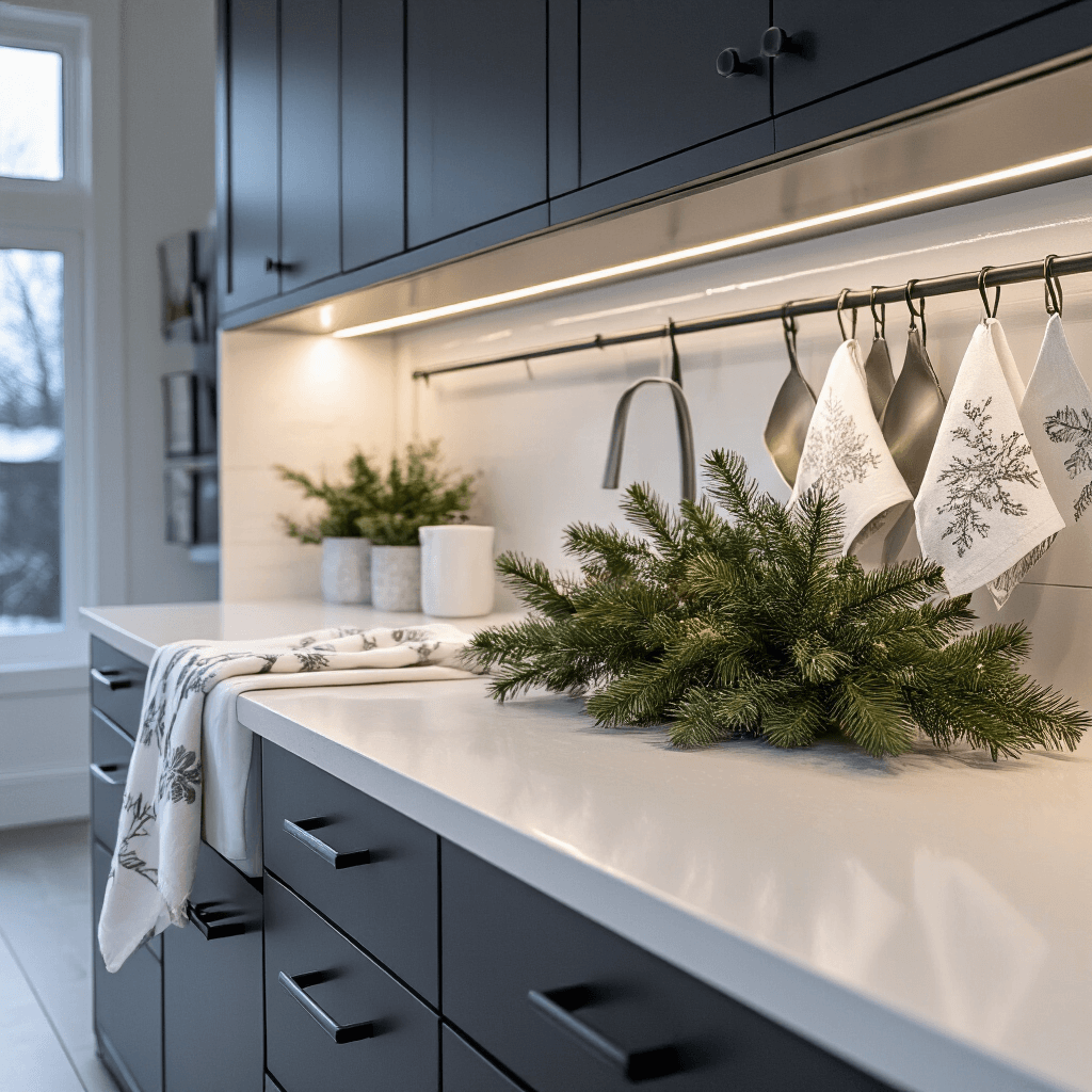 A modern minimalist kitchen at dusk with dark charcoal cabinets, under-cabinet lighting, and Christmas tea towels draped over matte black handles. A high-angle view shows a waterfall island adorned with an asymmetrical evergreen arrangement, cool LED lighting casting dramatic shadows and highlighting metallic accents in a monochromatic color scheme.