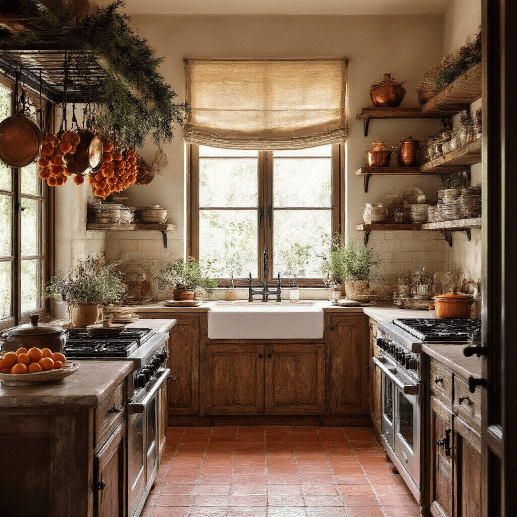 A Mediterranean-inspired kitchen with terra cotta floors, natural light filtering through roman shades, and a wrought iron pot rack adorned with dried orange garlands. Open wooden shelving displays vintage copper molds and fairy lights, with an emphasis on warm earth tones, deep forest green, and burnished gold accents. The camera is positioned at a 45-degree angle, highlighting architectural details and organic textures.