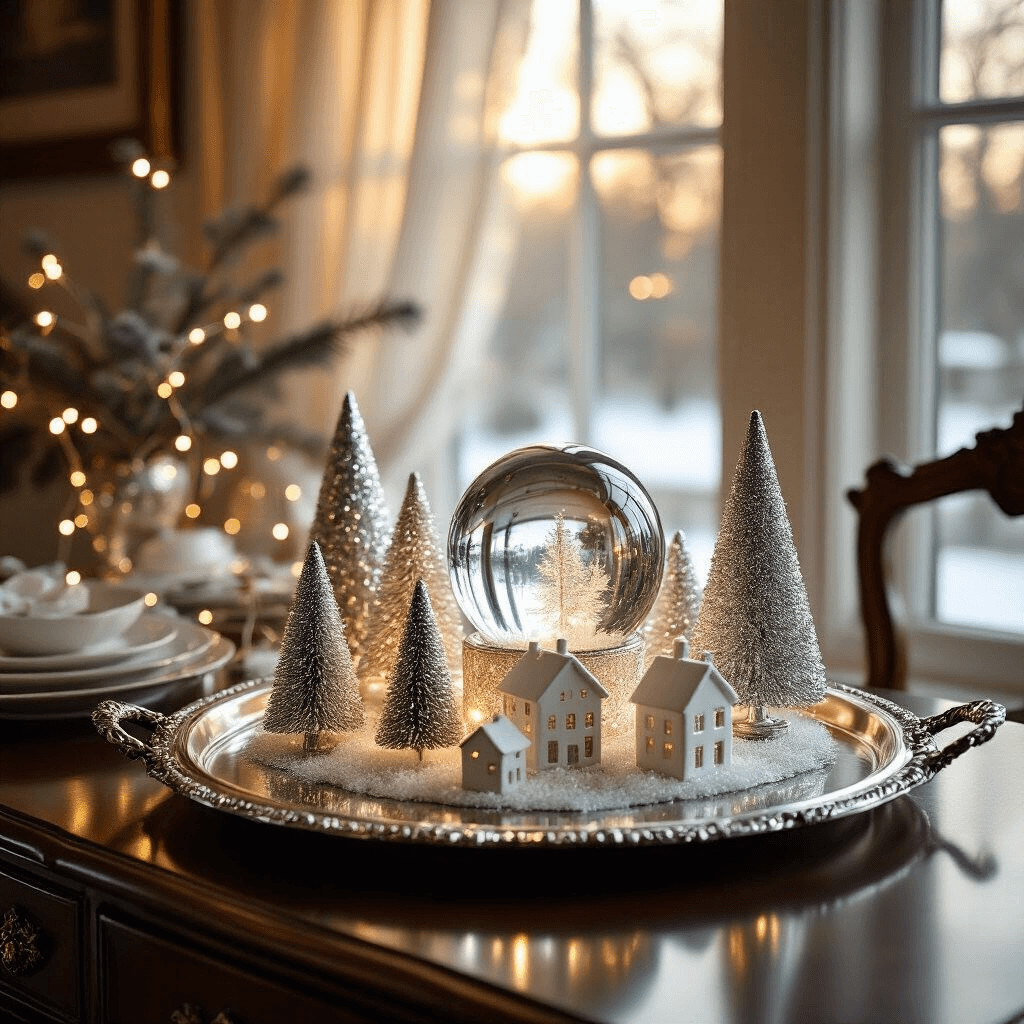 Elegant dining room at golden hour featuring a vintage silver tray on a mahogany sideboard, adorned with mercury glass trees, glitter-dusted white ceramic houses, and an oversized snowglobe. Warm sunlight filters through sheer curtains, illuminating a Winter Wonderland display with delicate LED wire lights and frosted pine branches, shot at eye level with shallow depth of field. Color palette includes silver, white, crystal, and subtle gold accents.