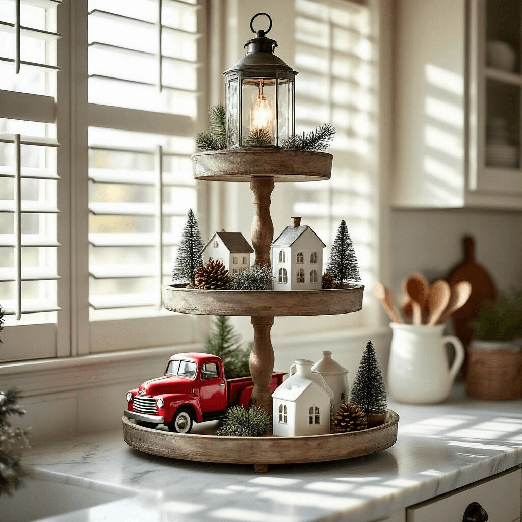 A cozy farmhouse kitchen corner at dawn, featuring a 3-tier rustic wooden tray stand on a white marble countertop, illuminated by morning light filtering through plantation shutters. The bottom tier displays a vintage red truck with mini pine trees, the middle tier showcases white ceramic houses and bottle brush trees, while the top tier holds a large mercury glass lantern. Textural elements include buffalo check ribbons, tiny pinecones, and faux snow, all accentuated by warm whites, aged wood tones, forest green, and classic red, captured at a 45-degree angle with an atmospheric morning mist effect.