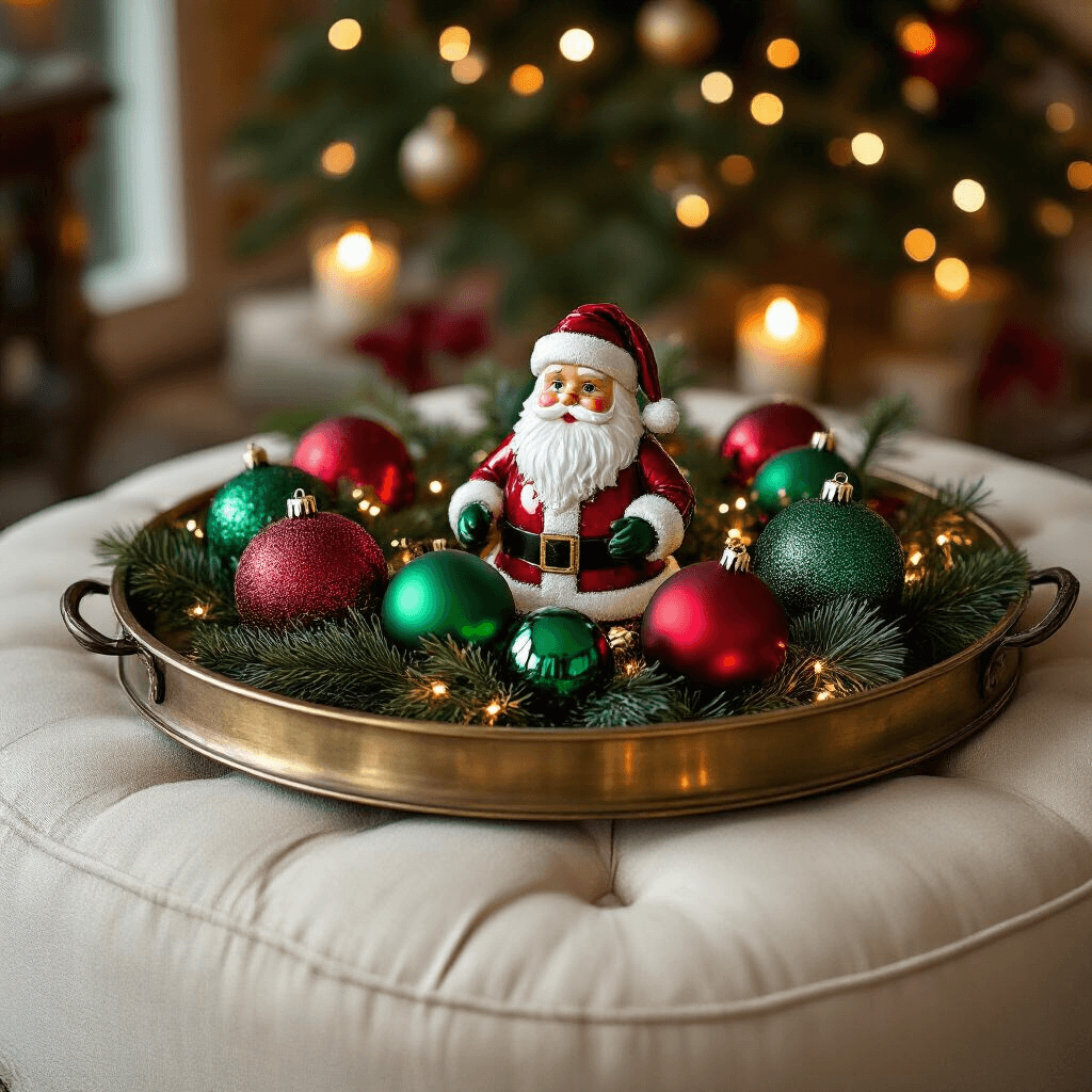 Intimate living room scene at dusk featuring an antique brass tray on a cream linen ottoman, adorned with vintage glass ornaments in deep reds and emerald greens, surrounding a 12-inch Santa figurine. Warm candlelight reflects off metallic surfaces, complemented by twinkle lights among pine sprigs, with a softly blurred Christmas tree in the background.
