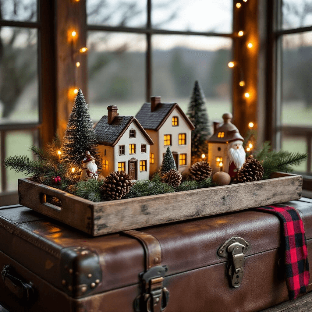 Rustic den at twilight featuring a weathered wooden tray on a distressed leather trunk, displaying hand-painted ceramic houses, miniature evergreens, and carved wooden figures. Copper string lights cast a warm glow on burlap ribbon, pine cone clusters, and buffalo check fabric, creating a cozy ambiance with weathered wood tones, forest green, cream, and pops of red.