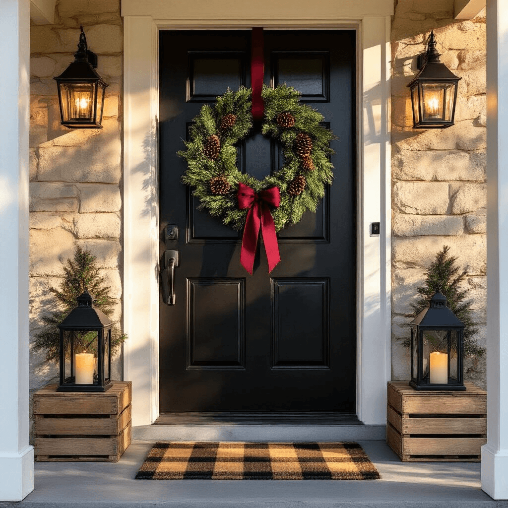 A cozy cottage entryway featuring a glossy black door with a fresh evergreen wreath adorned with pinecones and burgundy ribbon, flanked by black iron lanterns on weathered wooden crates. The scene is captured at golden hour with warm sunlight casting long shadows, a buffalo check doormat in cream and forest green, and a natural stone facade providing textural contrast.