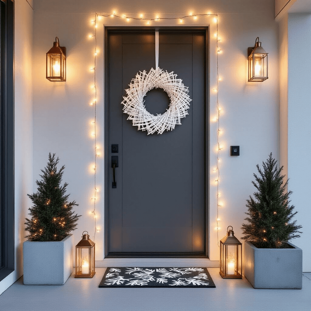A contemporary porch at twilight featuring a charcoal gray door adorned with a metallic white geometric wreath, slim copper lanterns with fairy lights, and white-wire string lights framing the doorway. A minimalist concrete planter holds a sculpted dwarf evergreen, while a modern doormat with an abstract holiday pattern in silver and white lays on the floor, all captured from a low angle in cool blue ambient light mixed with warm accent lighting.