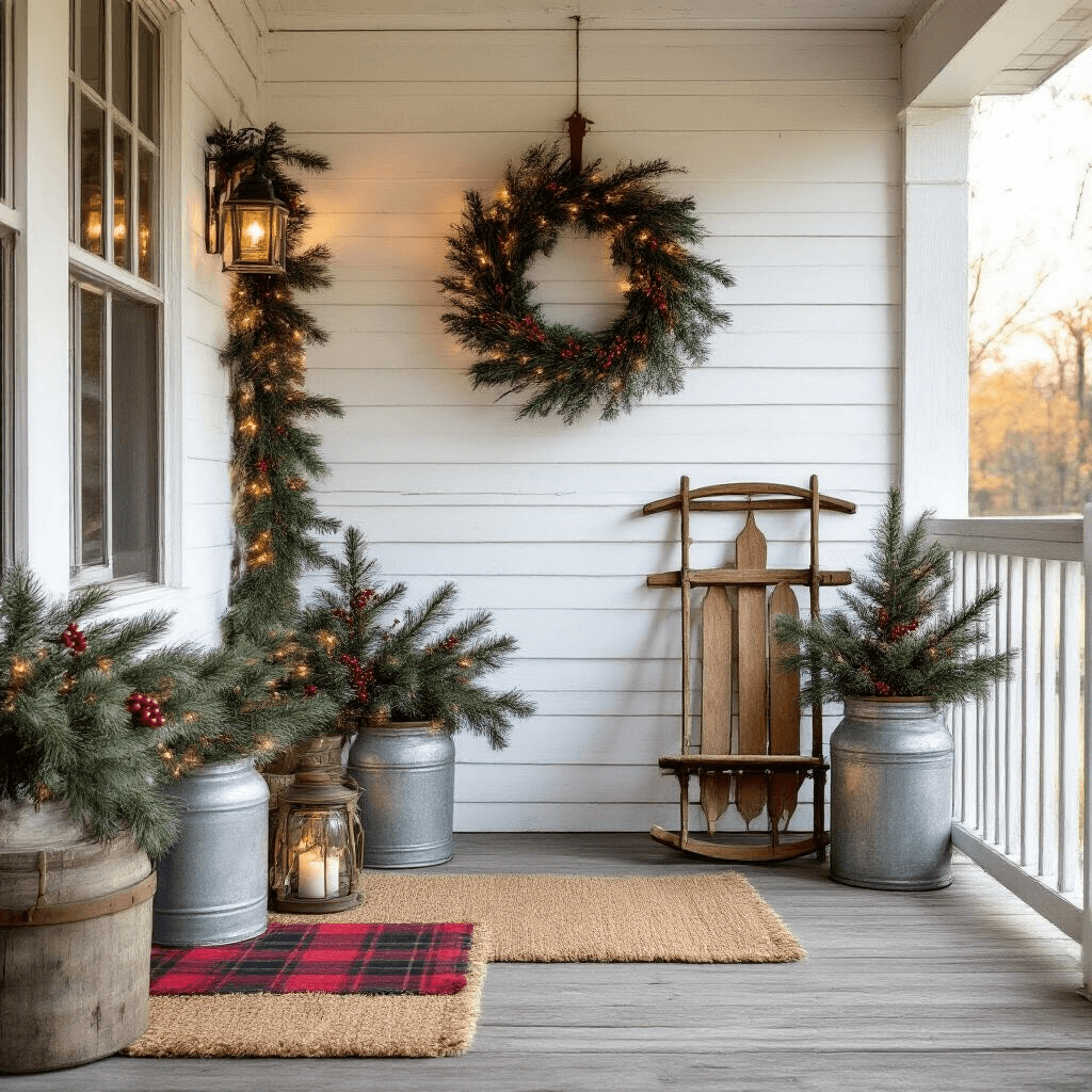 A covered porch illuminated by early morning light, featuring vintage wooden sleds, whitewashed shiplap walls decorated with pine garland and red berries, a handmade burlap wreath with natural elements and copper bells, mason jars with fairy lights, distressed galvanized containers with fresh pine branches, and layered doormats with a jute base and festive plaid overlay, captured from a slight right angle to emphasize depth and texture.