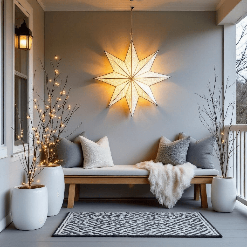A modern porch at dusk featuring a large paper star lantern casting shadows on light gray walls, a minimalist white metal wreath with LED lights, white ceramic planters with birch branches wrapped in micro lights, a clean-lined teak bench with a sheepskin throw and gray pillows, and a geometric black and white doormat, all captured from a low angle with backlighting.