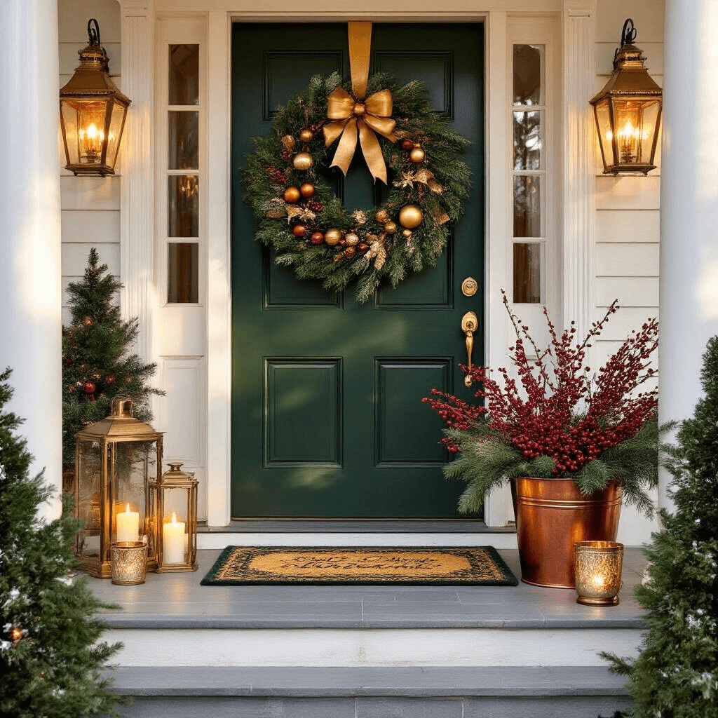 A vintage Christmas porch featuring a deep green door adorned with a lush mixed-pine wreath, framed by brass lanterns with real candles. An antique copper bucket holds red berry branches and cedar, while a needlepoint holiday doormat layers over sisal. Mercury glass votives line the steps, captured in warm golden hour light highlighting architectural details.