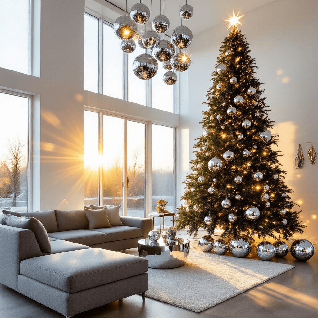 A contemporary living room with a 9-foot artificial Christmas tree adorned with disco ball ornaments, sunlight streaming through floor-to-ceiling windows, creating light reflections on white walls, a modern grey sectional, and metallic accents in a cool grey and silver color palette with warm gold touches.
