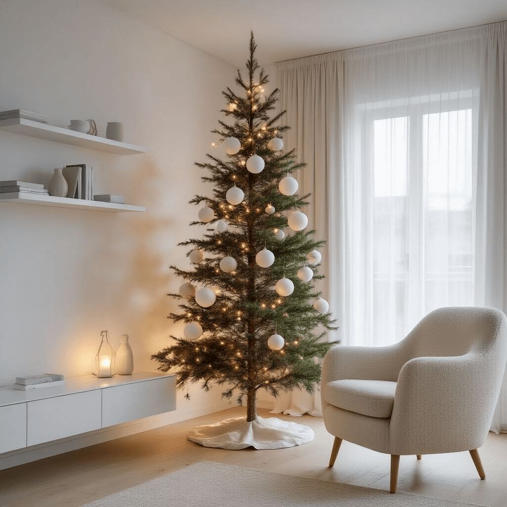 A minimalist Scandinavian-style living space at dusk, featuring a slim pine tree sparsely decorated with white and clear glass baubles, surrounded by stark white walls and bleached oak flooring, with a cream boucle armchair and floating white shelves, softly illuminated by warm white micro LEDs and blue-hour light filtering through sheer linen curtains.
