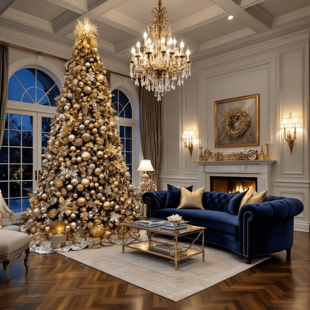 Opulent formal living room at night featuring a 10-foot noble fir adorned with gold, silver, bronze, and champagne ornaments, surrounded by coffered ceilings and herringbone hardwood floors. The space includes a deep navy velvet chesterfield sofa, crystal sconces, and a brass chandelier, with a wide-angle view highlighting the luxurious metallic accents against a deep blue and cream color palette.