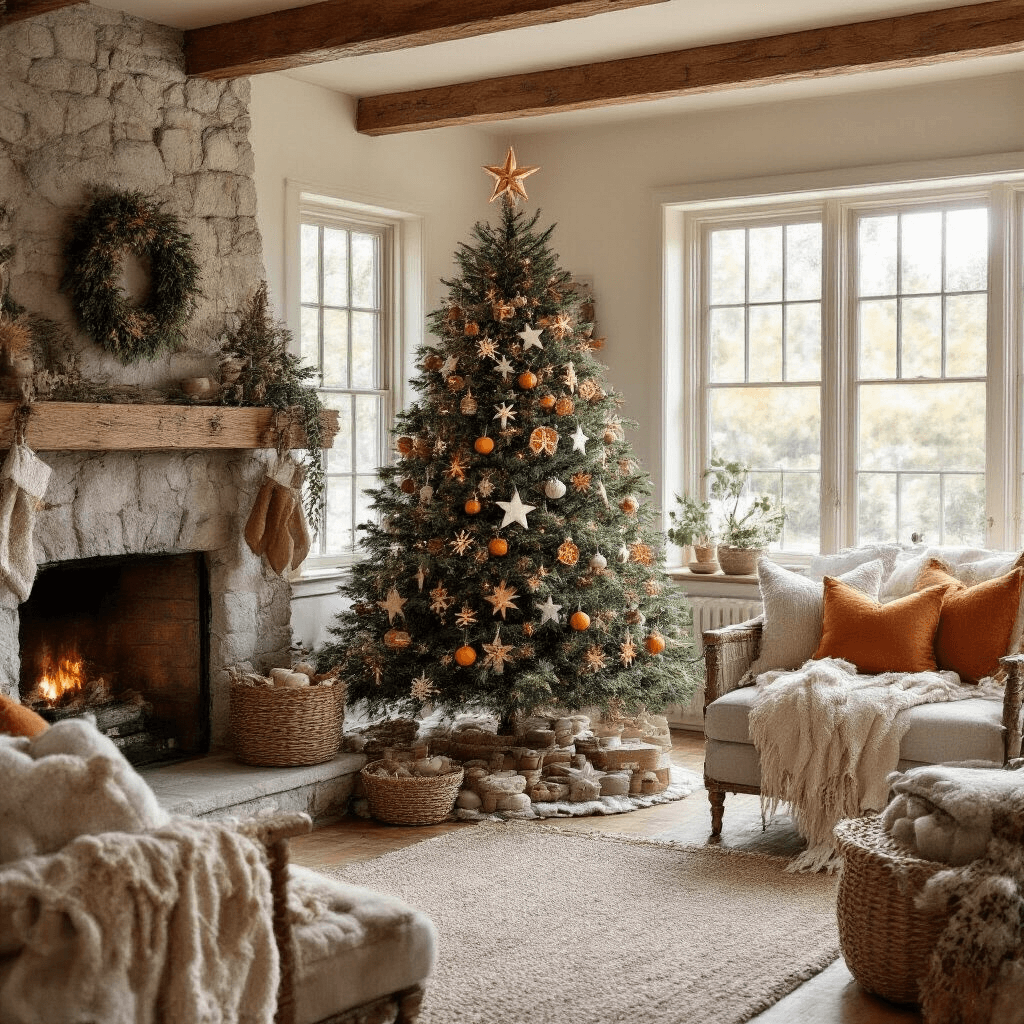 A cozy cottage living room in the morning features a 6-foot Fraser fir adorned with handcrafted ornaments, including dried orange slices and wooden stars. The 14x16ft space boasts exposed wooden beams and a stone fireplace, with warm morning light streaming through mullioned windows. Natural textures like wool throws and woven baskets complement vintage furniture, creating a warm palette of browns, creamy whites, and burnt orange accents. The image is captured straight-on with a shallow depth of field, highlighting the decorative details.